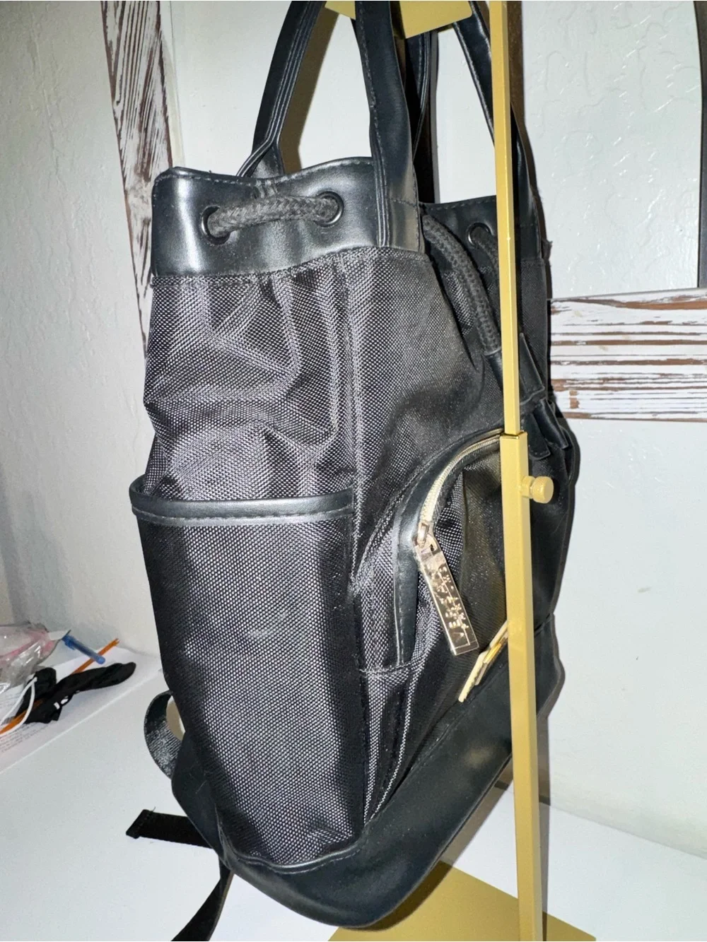 Versace Perfums black nylon backpack bag w gold hardware like new